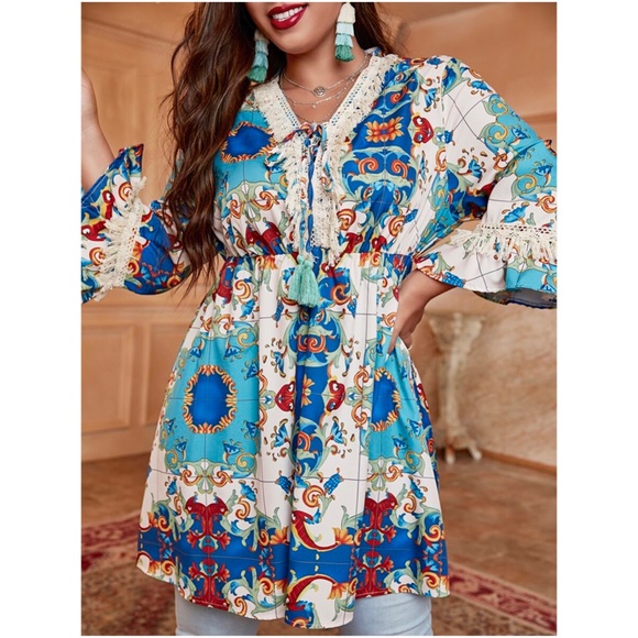 Boho Plus Print Tassel Ruffle Sleeve Dress - Picture 2 of 4